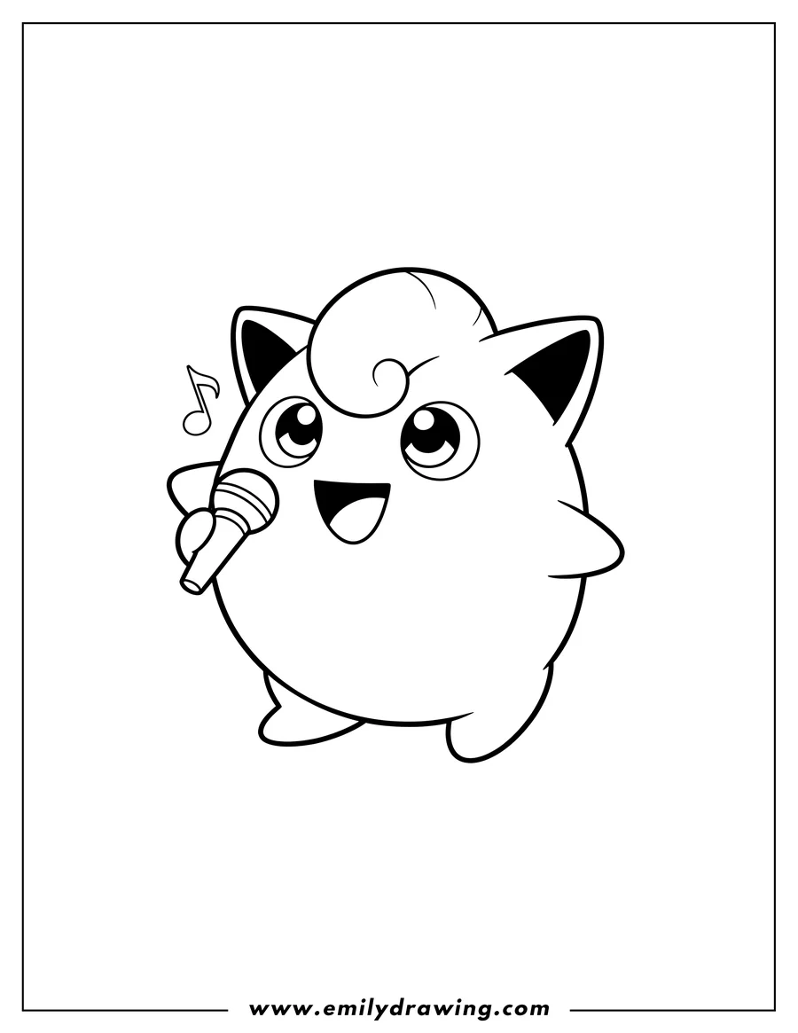 Downloadable coloring page of jigglypuff holding a small microphone, singing with wide, upturned eyes