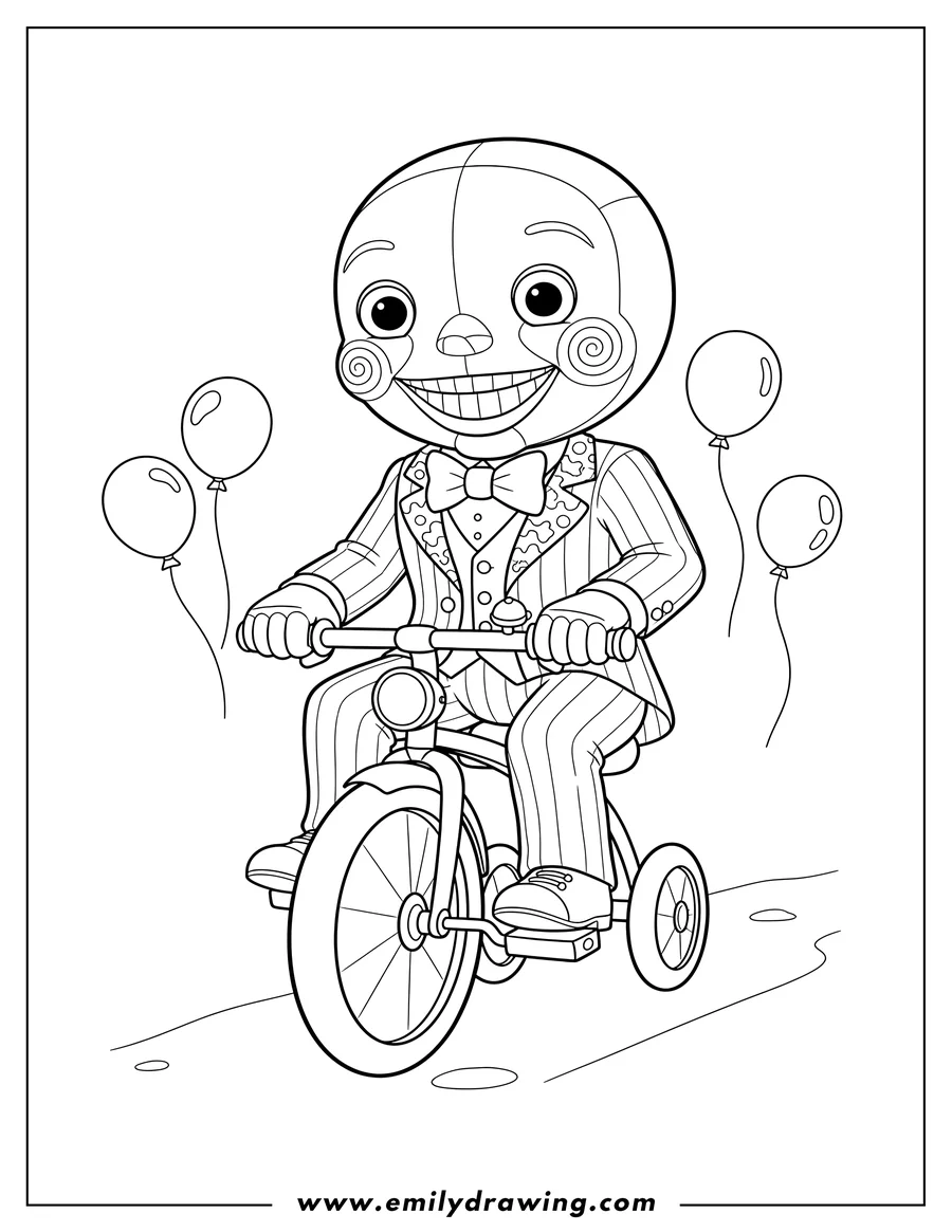 Coloring page of jigsaw Puppet Doll From Saw riding a tricycle