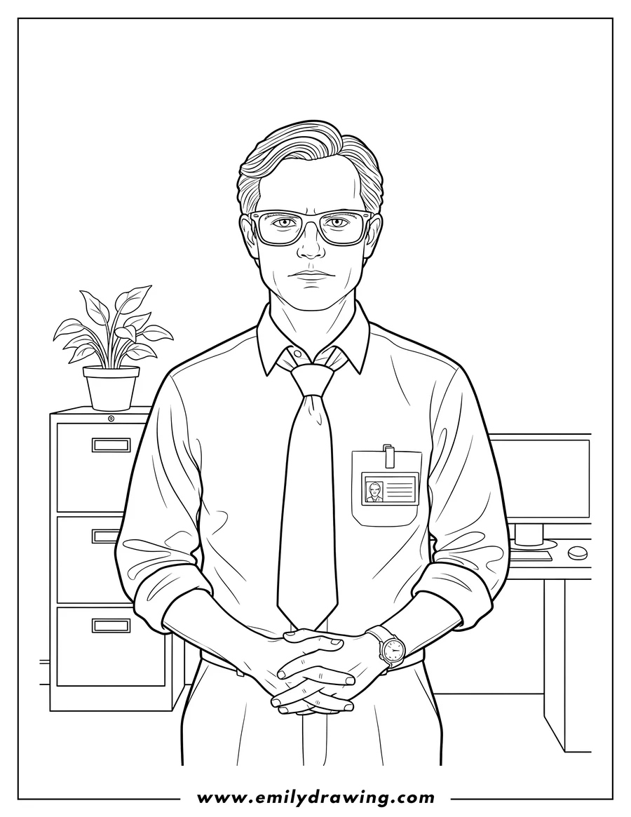 Coloring page of jim Halpert Dressed Up As Dwight, with glasses and a tie