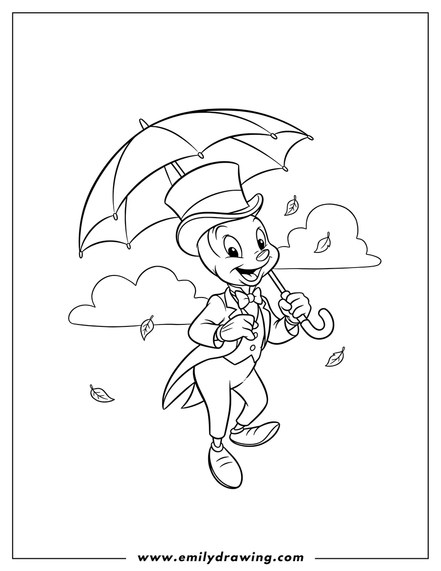 Outline drawing of jiminy Cricket, wearing a top hat and suit, floating down with an open umbrella and a happy expression