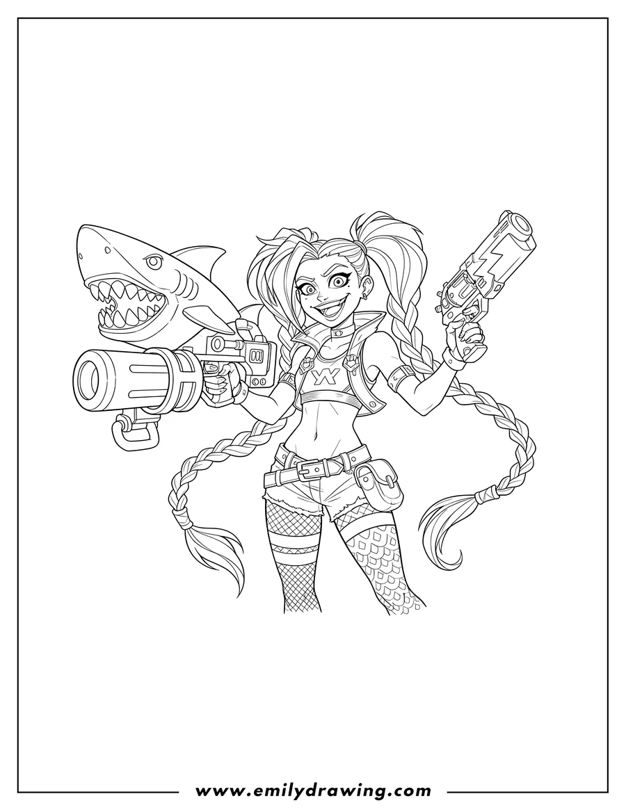 High quality printable jinx from League of Legends, holding Pow Pow and Zapper, smiling widely for coloring