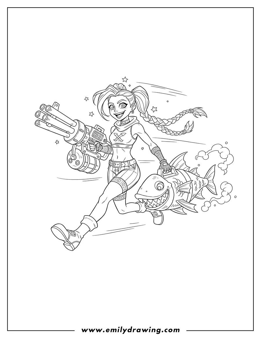 Clean line drawing: jinx smiling and running with Pow Pow, with her Fishbones creature
