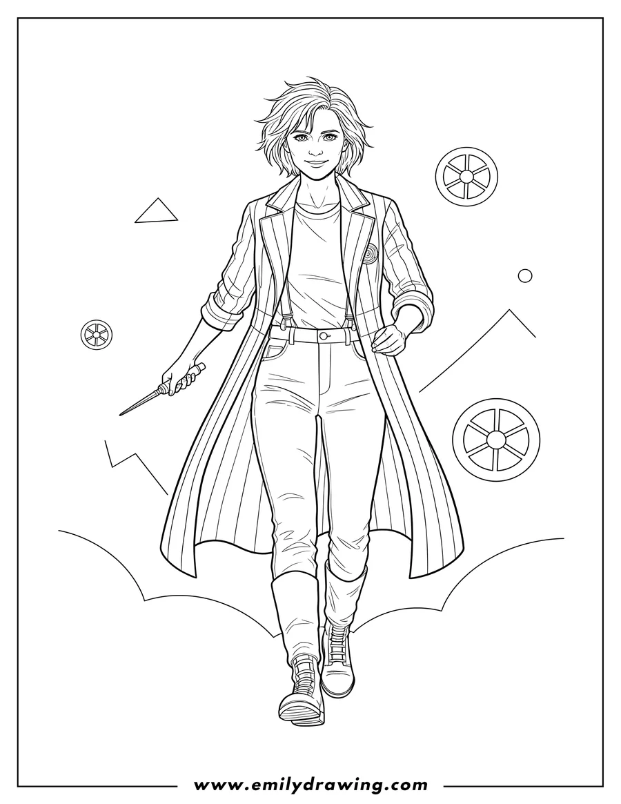 Printable line art of jodie Whittaker As Thirteenth Doctor Who walking forward in her long coat
