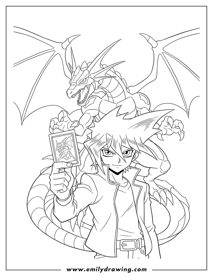 PDF style coloring page: joey Wheeler holding a card with one hand, with a dragon behind him