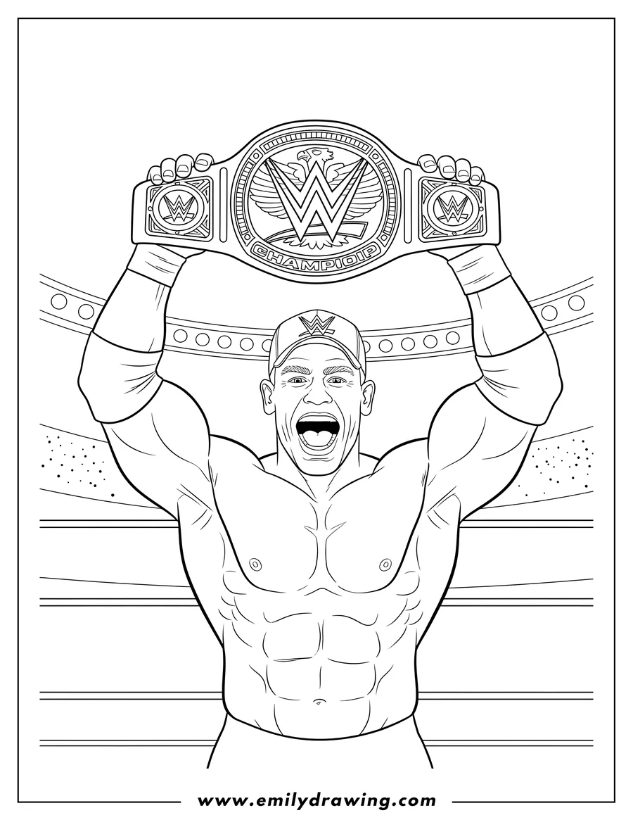 High quality printable john Cena holding the WWE Championship Belt above his head, shirtless and with his mouth open for coloring
