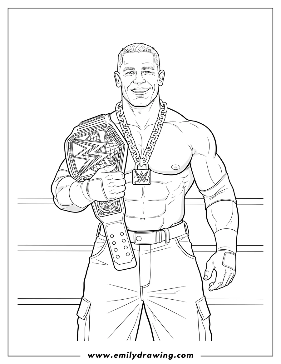 Printable line art of john Cena Holding Wwe Championship Belt, shirtless and wearing his signature chain