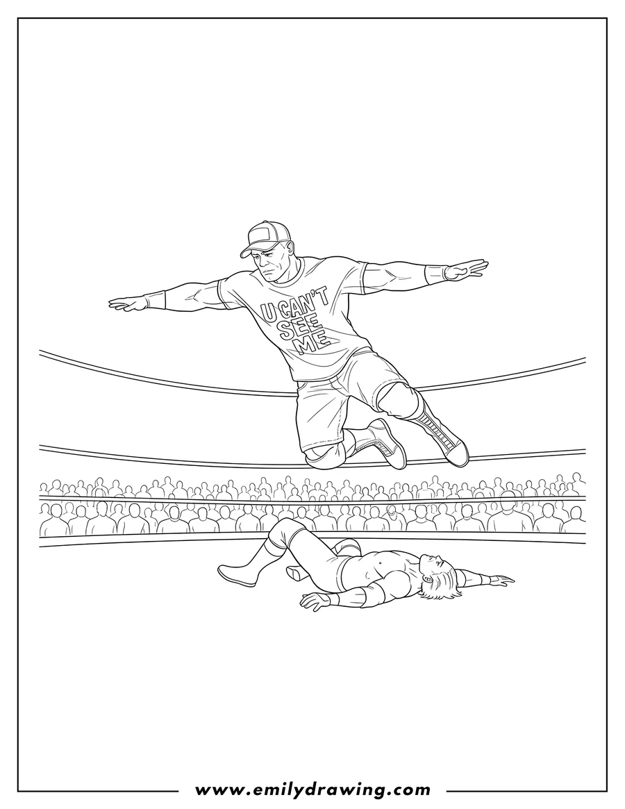 Clean line drawing: john Cena leaping from the top rope to his opponent
