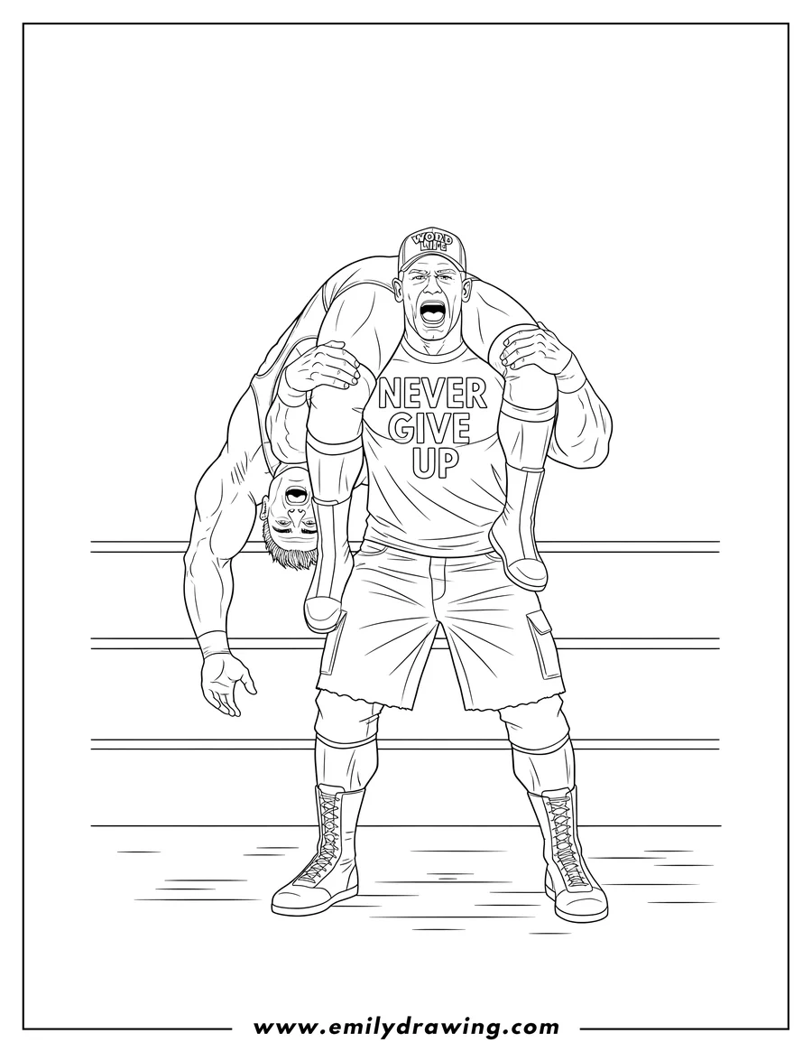 Printable coloring page of john Cena yelling as he performs a Fireman's Carry on an upside-down Paul Wright