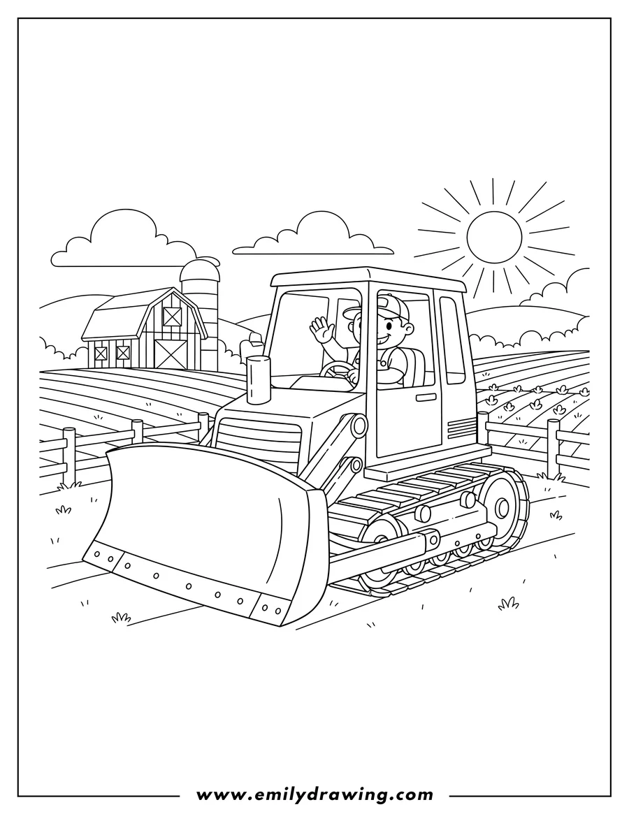 PDF style coloring page: detailed John Deere tracked bulldozer with a large front blade on a farm