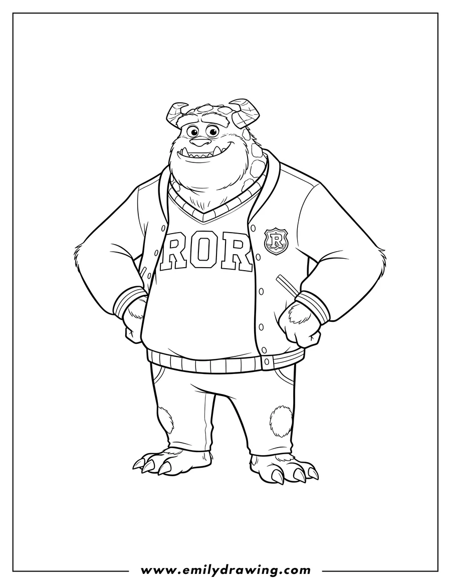 Full page coloring image of johnny Worthington Jock From Monsters University Scaled, wearing an ROR sweater, with hands on hips and a smile