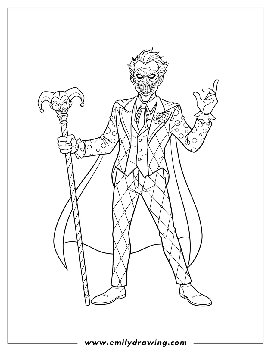 Free to print drawing of joker Superhero holding a cane with a sinister grin