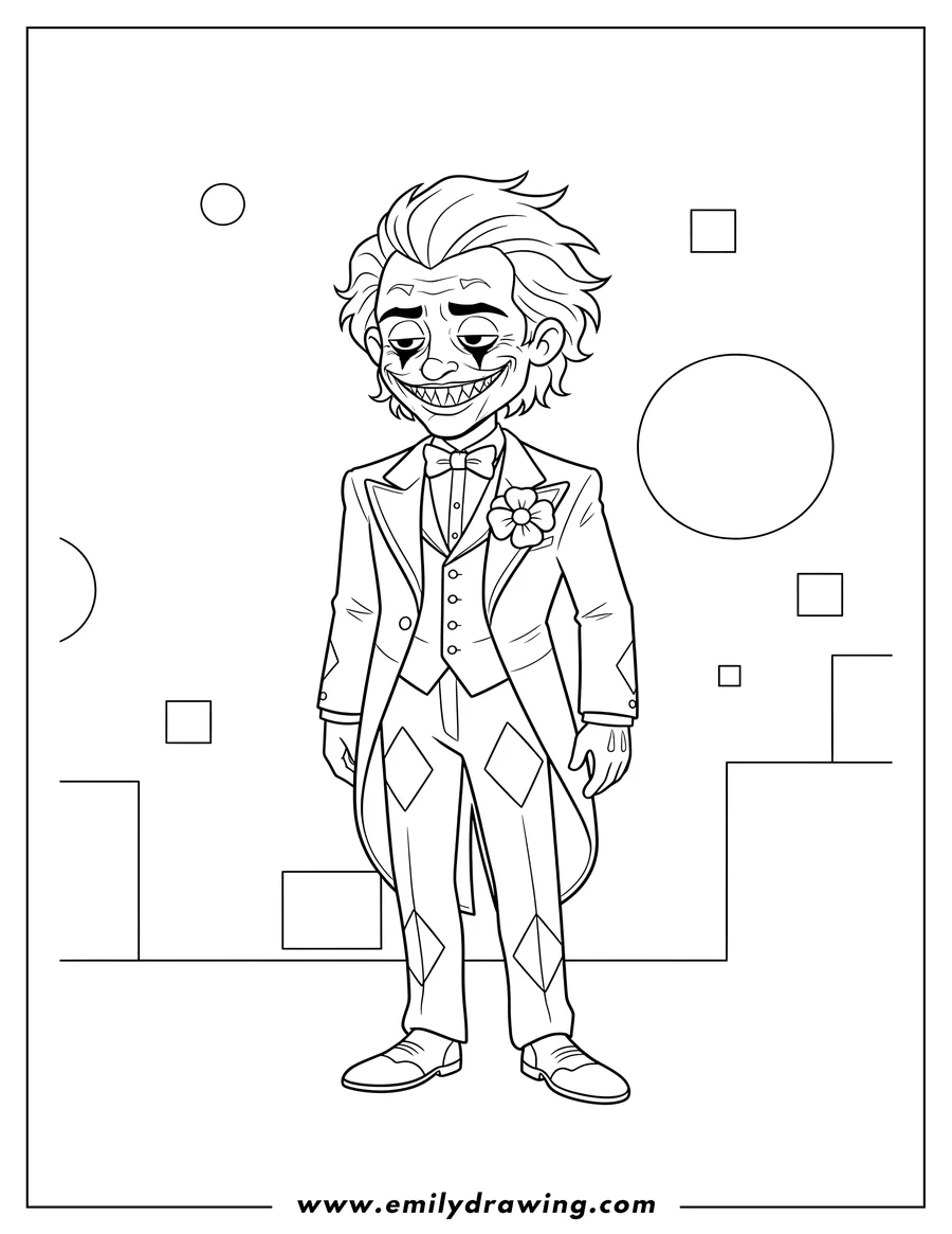 Coloring page for kids: joker in his suit, with iconic scars, gazing downward