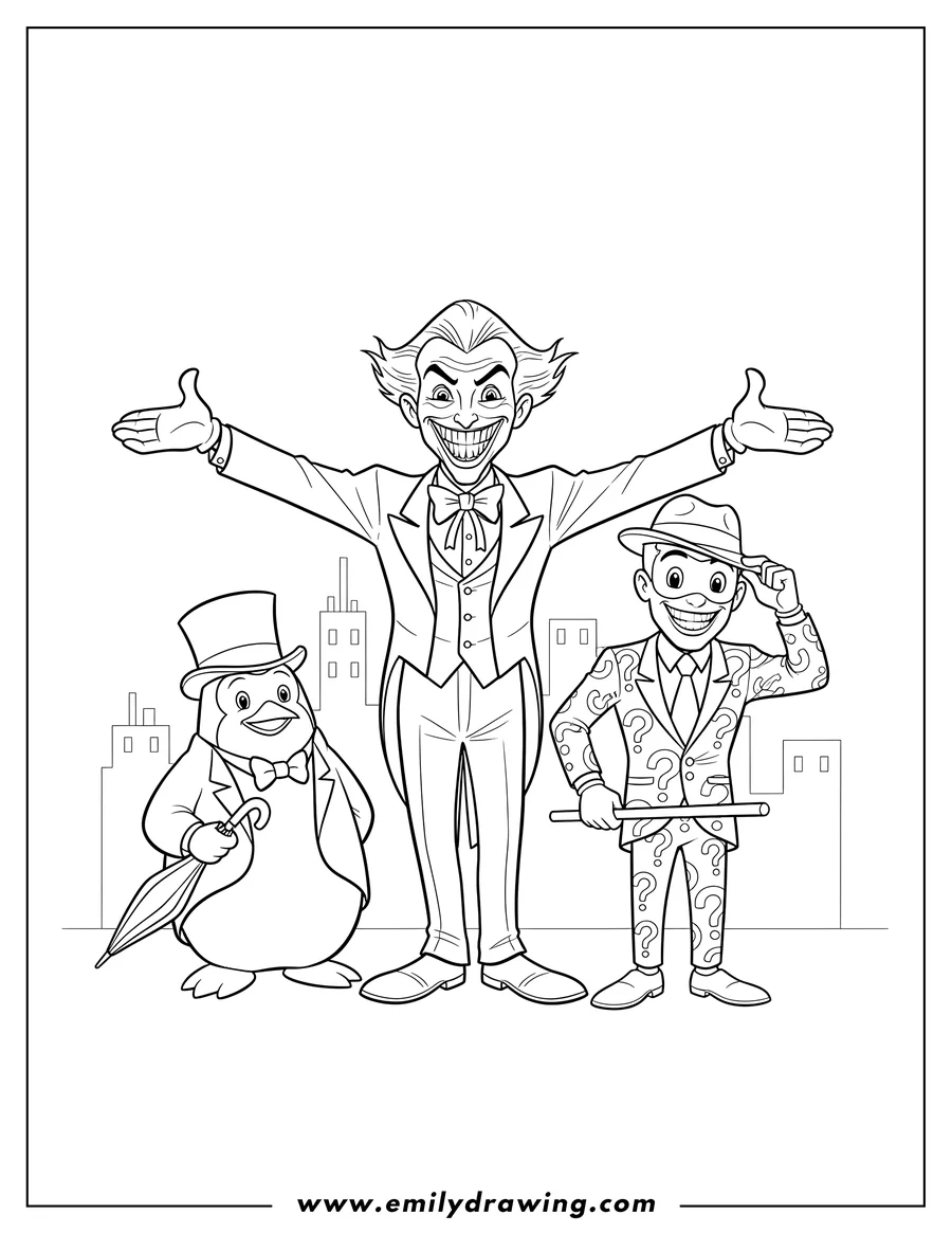 Clean line drawing: joker, Penguin with an umbrella, and Riddler tipping his hat