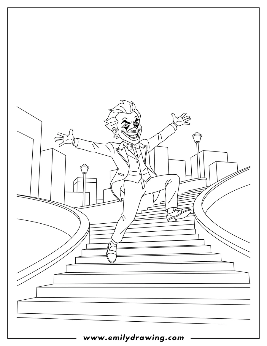Printable line art of joker S Iconic Stairs Dance with arms raised, smiling