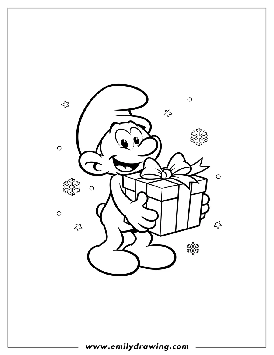 Black and white line art of jokey Smurf smiling and holding out a Christmas present