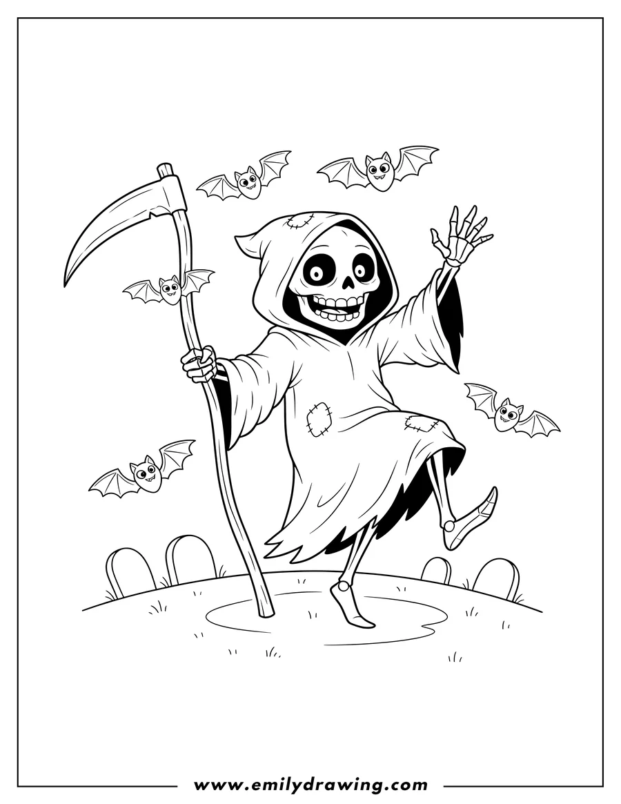 Free to print drawing of jolly Grim Reaper waving, dancing, and holding a scythe with bats