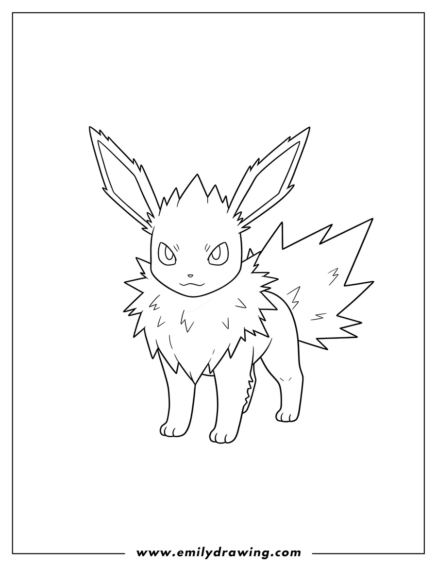 Doodle style coloring picture of jolteon Eevee outline, standing with spiky fur