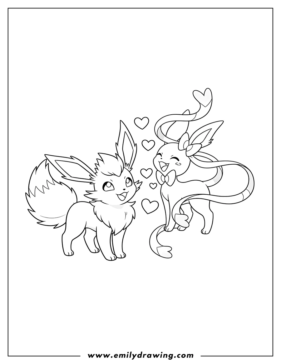 Free printable coloring sheet of jolteon smiling at giggling Sylveon with heart ribbons