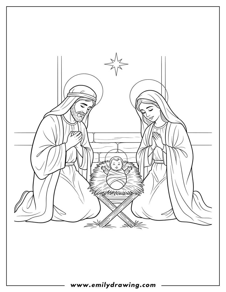 Printable coloring page of joseph and Mary adoring Baby Jesus in a manger, all with haloes