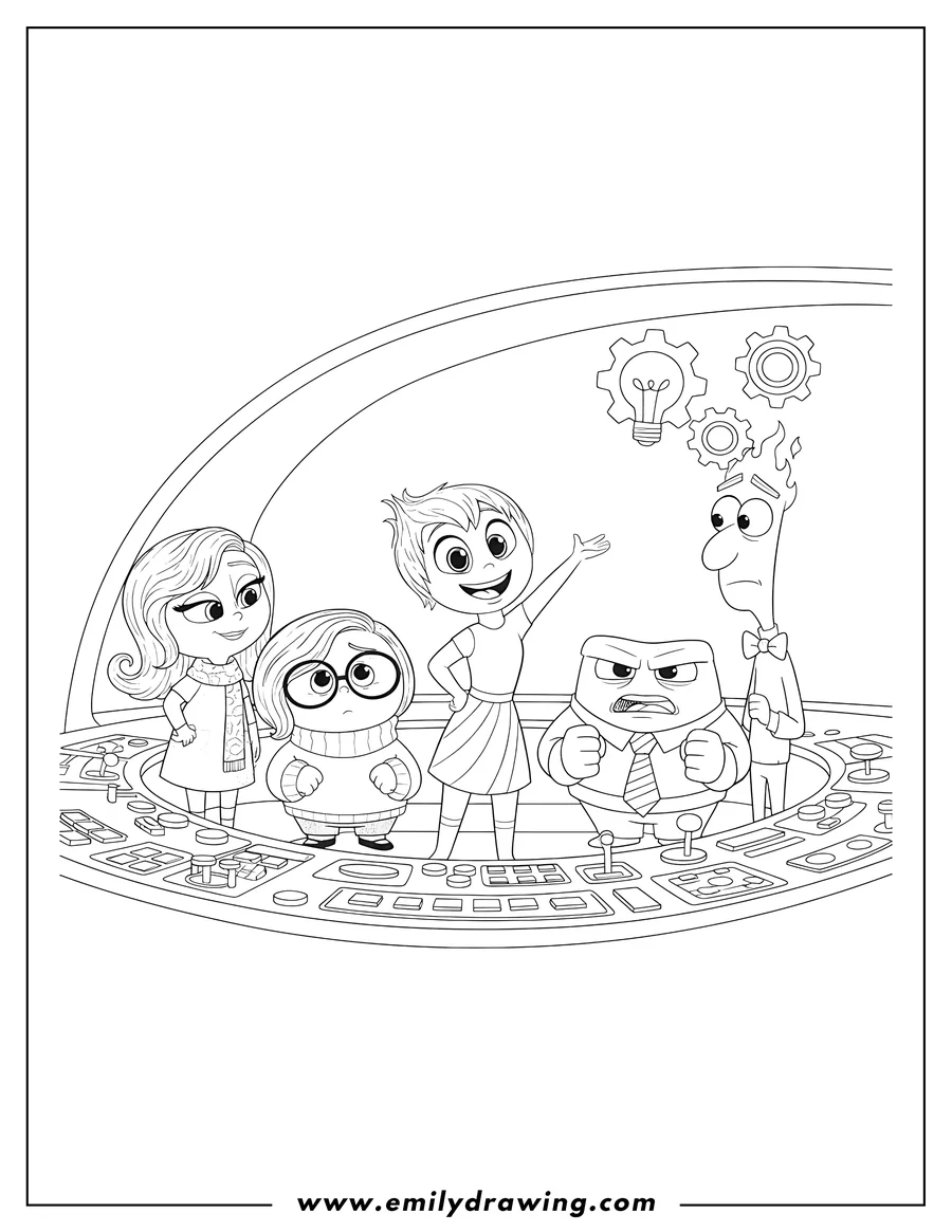 Simple sketch of inside Out Movies with Joy, Sadness, Anger, Disgust, and Fear together on a control panel to color
