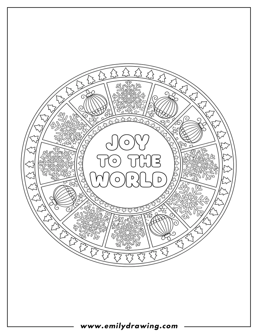 Printable coloring page of joy to the World text inside a Christmas mandala with striped baubles and intricate snowflakes
