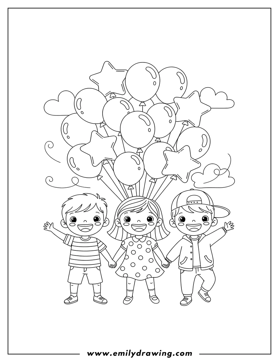 Coloring page for kids: joyful children holding hands and smiling with balloons