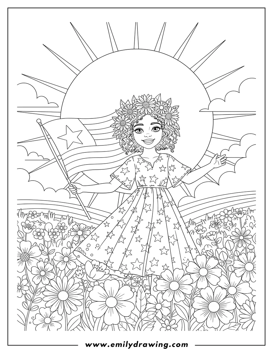 Black and white line art of joyful girl with a flower crown in a floral meadow, waving a Juneteenth freedom flag