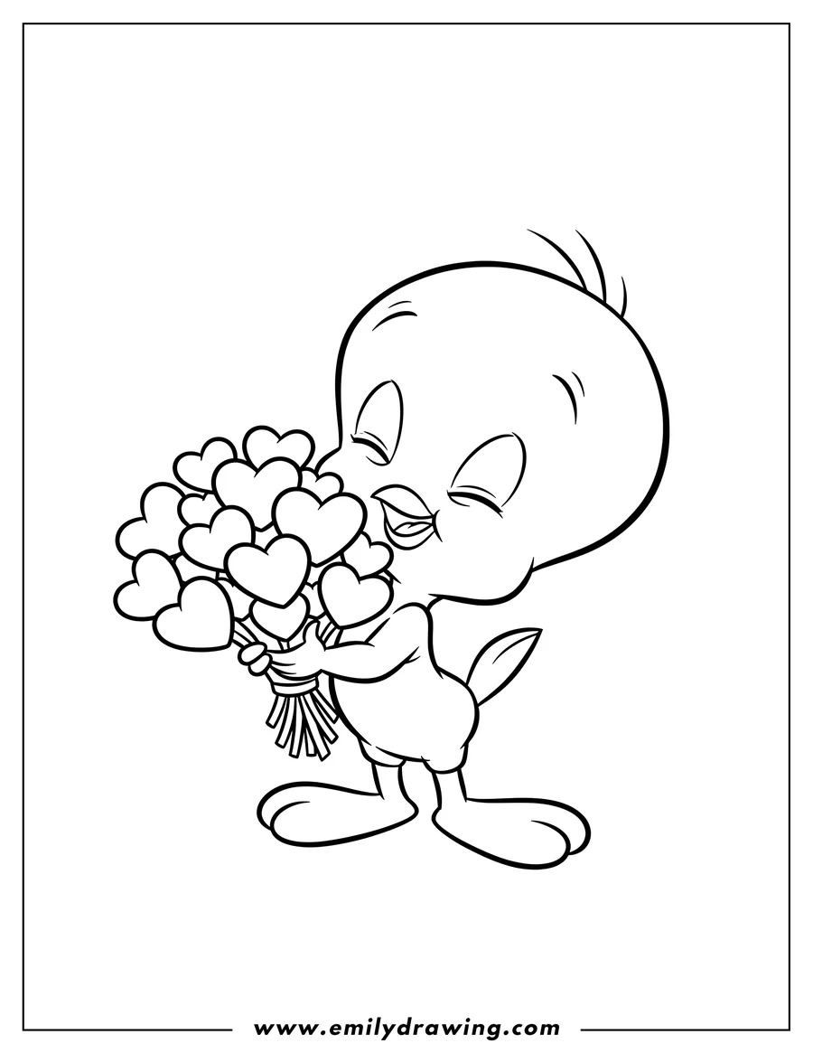 Full page coloring image of joyful Tweety Bird smiling with closed eyes, holding a bouquet of hearts