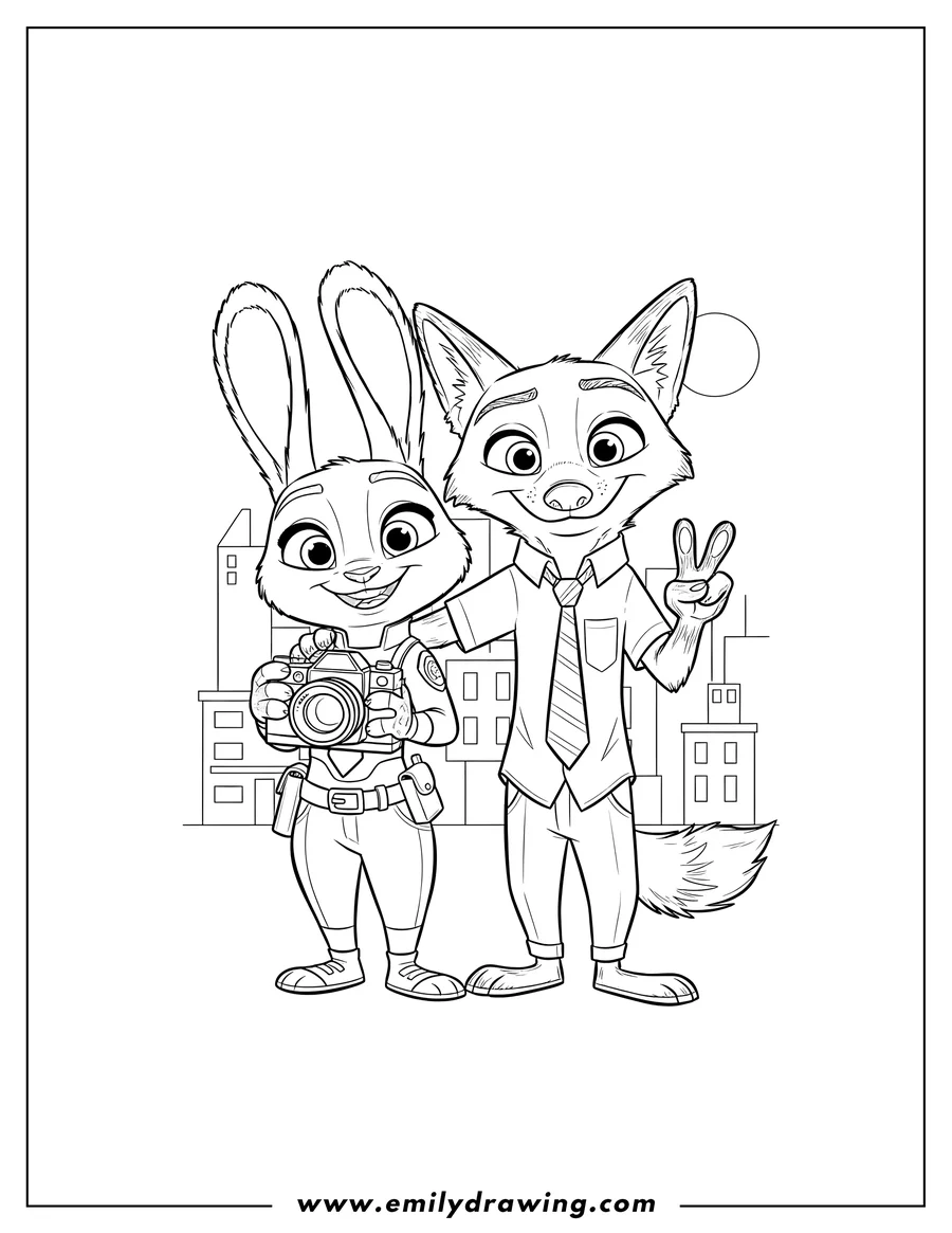 Vector style outline of zootopia Movies: Judy Hopps and Nick Wilde taking a photo with a camera