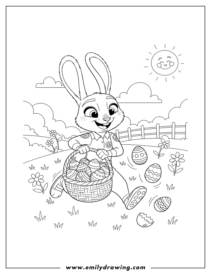 Free to print drawing of judy Hopps Zootopia running and smiling, carrying a basket of Easter Eggs with some eggs falling