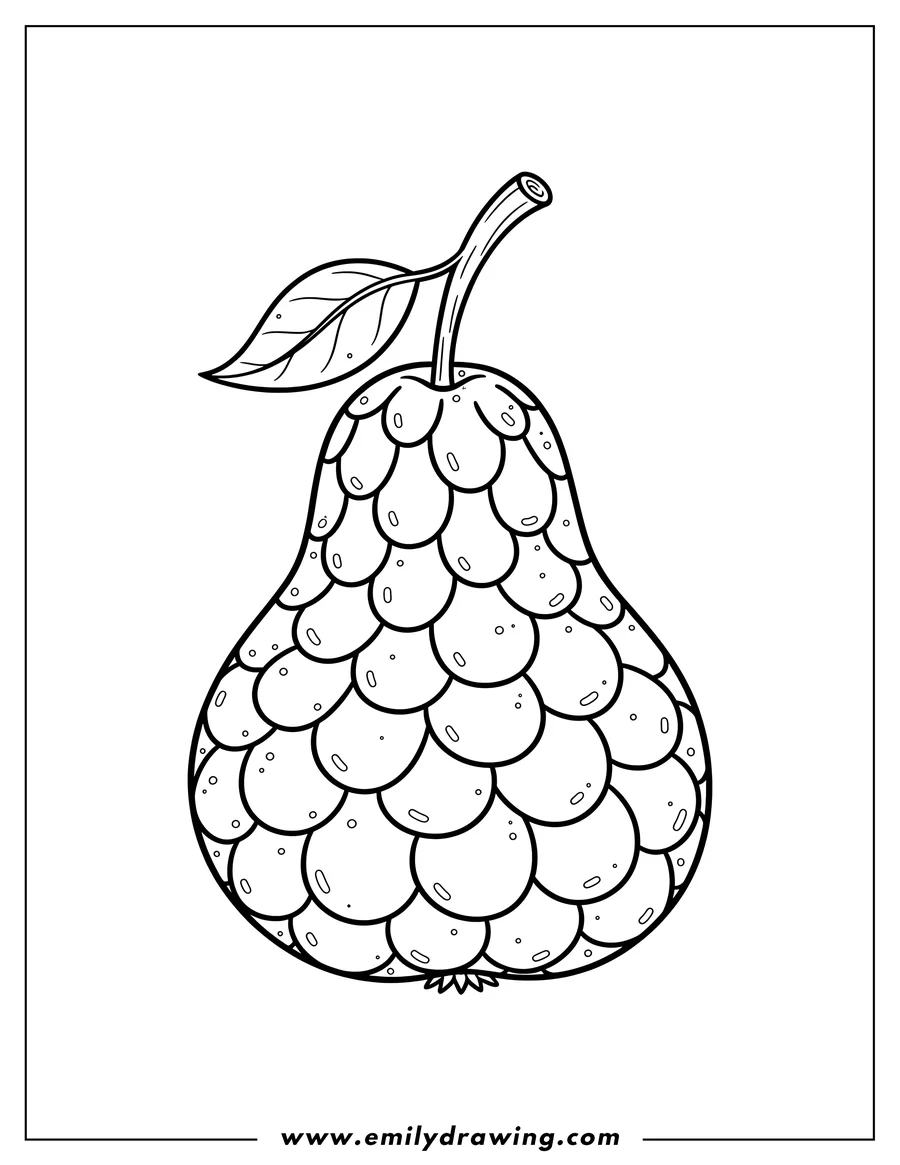 Free printable coloring sheet of juicy Pear Scaled with a curved stem and tiny speckles