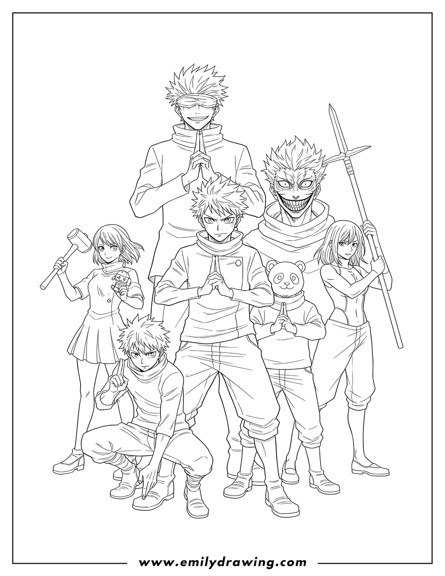 Doodle style coloring picture of jujutsu Kaisen Manga with Yuji, Nobara holding a hammer, Gojo with clasped hands, Sukuna showing sharp teeth, Megumi, Panda, Inumaki, and Maki