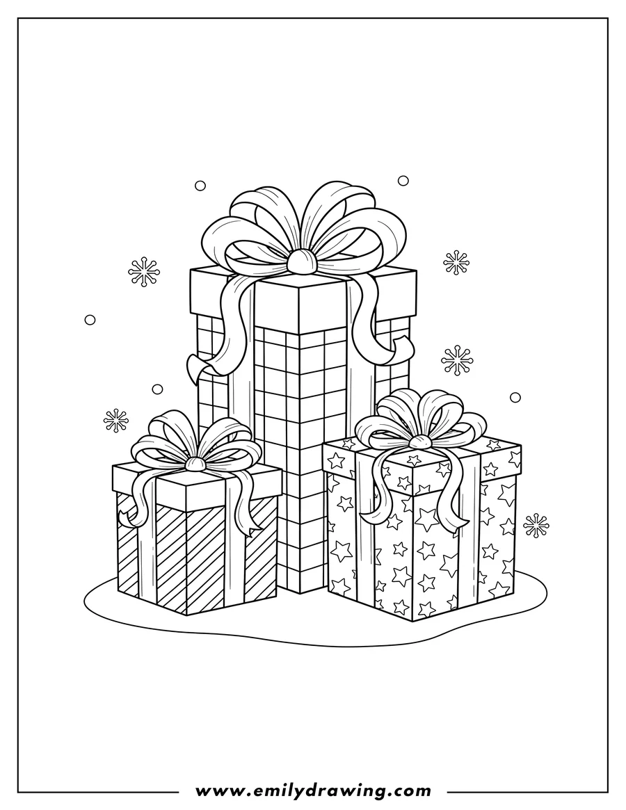 Linear illustration of jumbo Christmas Present Scaled, three wrapped with bows