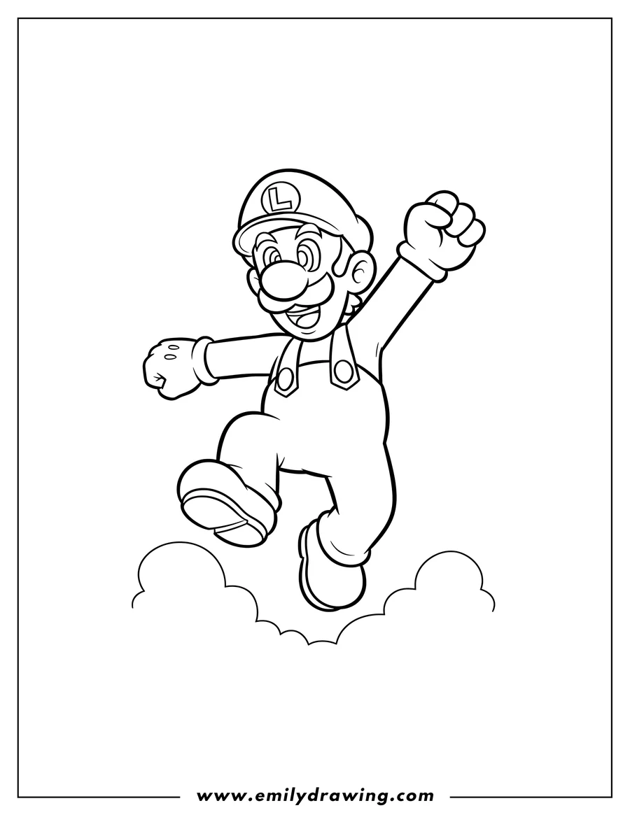 Free printable coloring sheet of easy Outline Luigi jumping and smiling, wearing his L-cap, to color