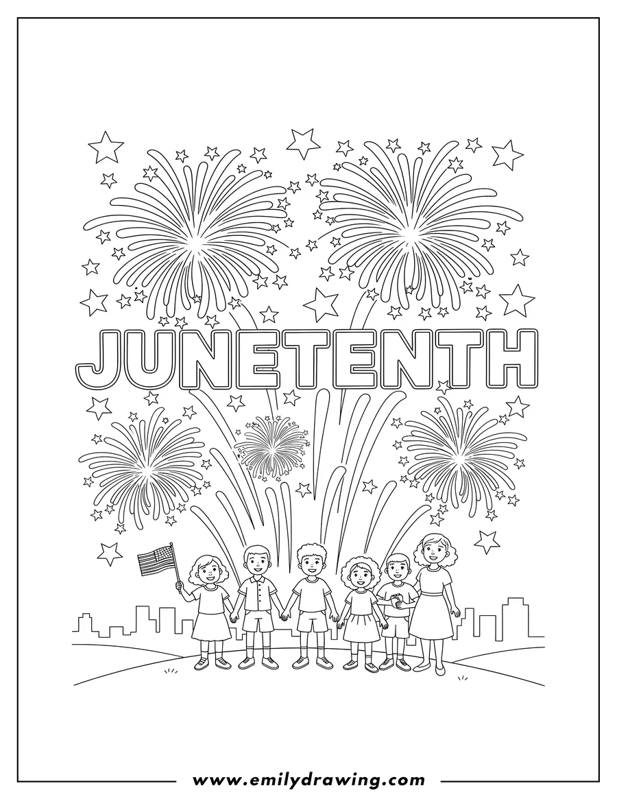 Doodle style coloring picture of juneteenth Fireworks Celebration with the word JUNETEENTH and stars