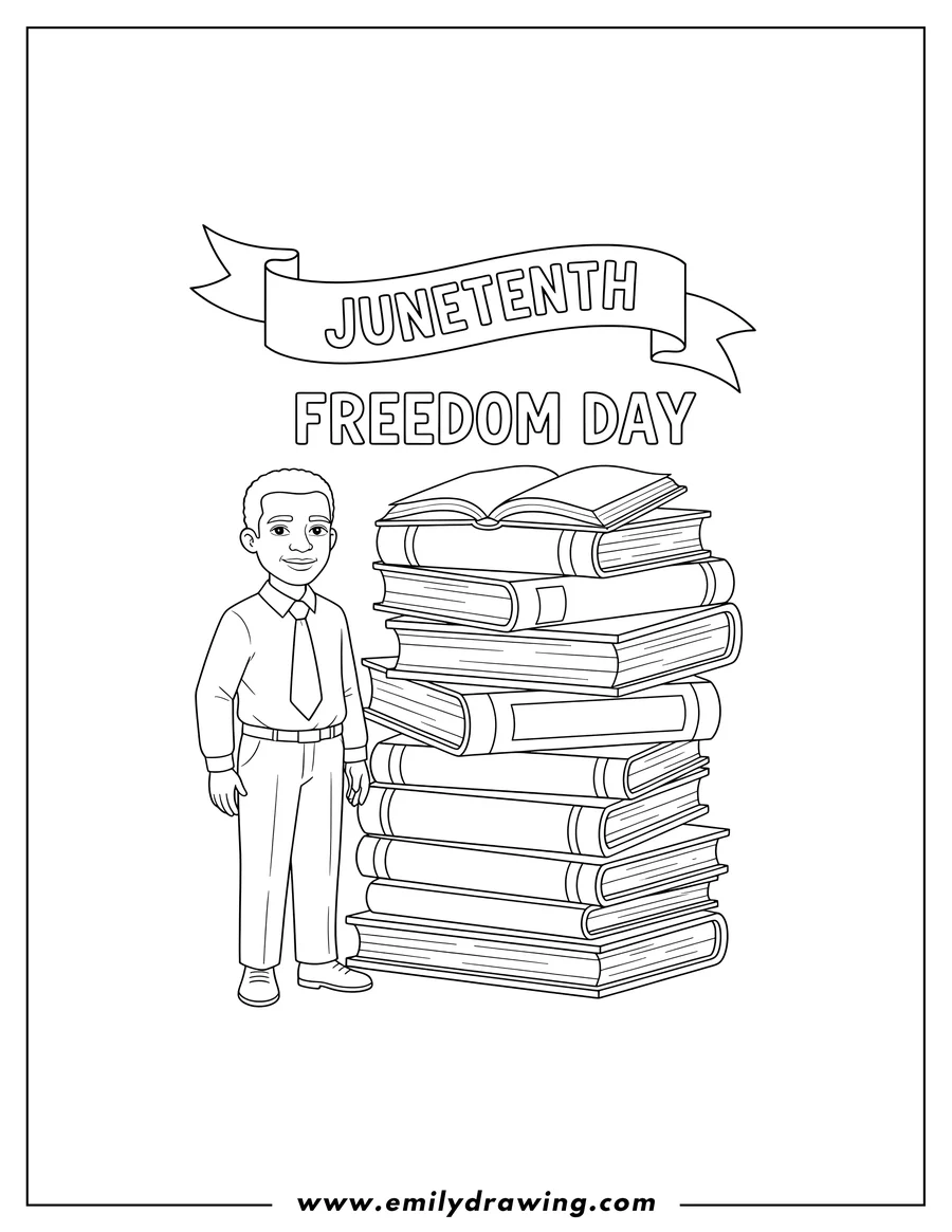 Downloadable coloring page of juneteenth Freedom Day Tribute with a man in a shirt and tie standing behind stacked books, featuring a 'JUNETEENTH' banner and 'FREEDOM DAY' text
