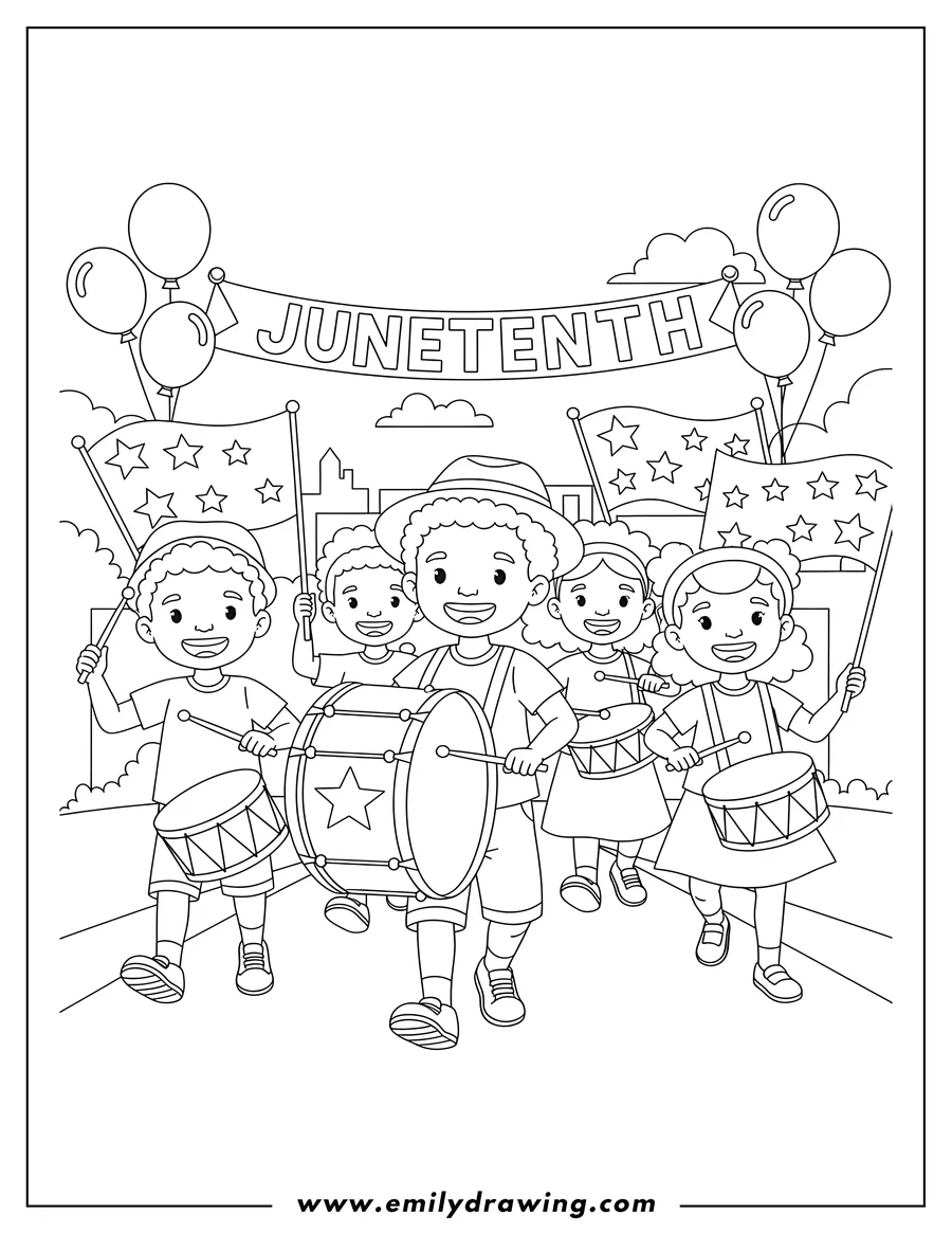 High quality printable juneteenth Parade With Smiling Children Marching And Actively Playing Drums for coloring
