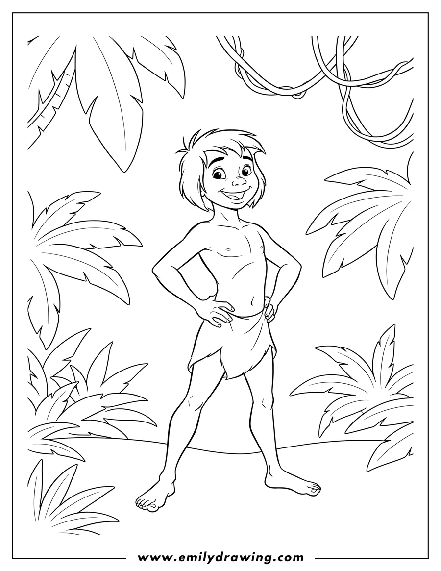 Vector style outline of jungle Book Disney Mowgli standing with hands on hips