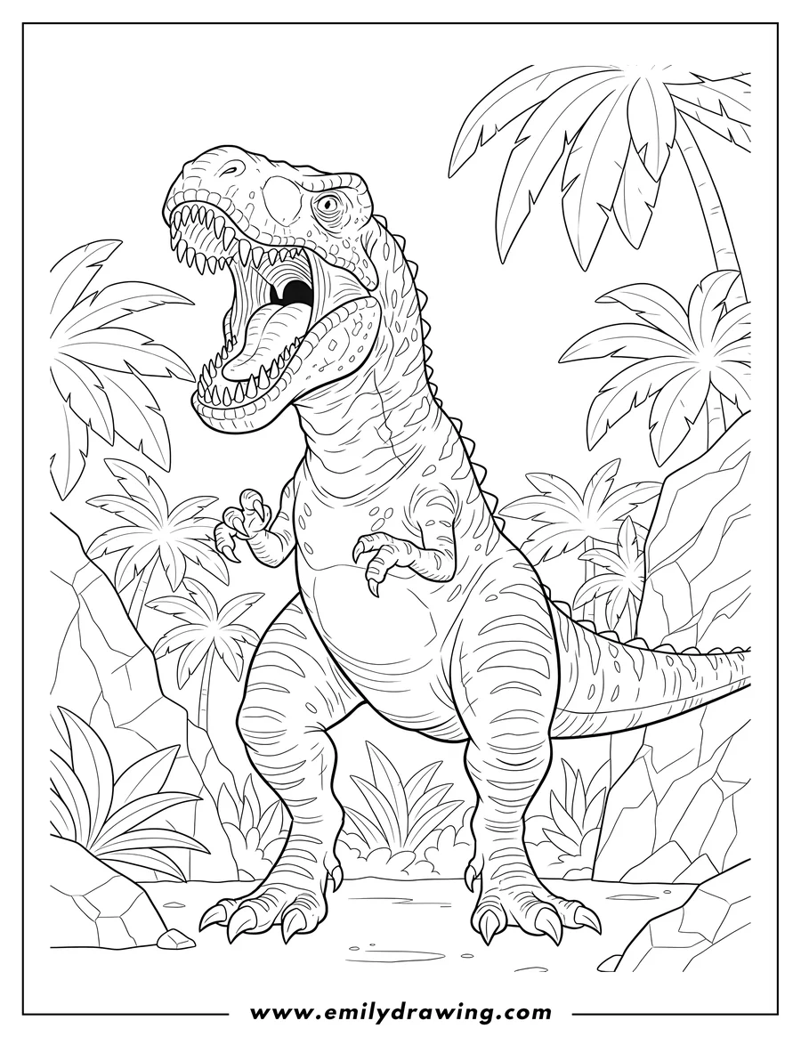 Free printable coloring sheet of jurassic Park Indominus Rex roaring with mouth open and sharp claws
