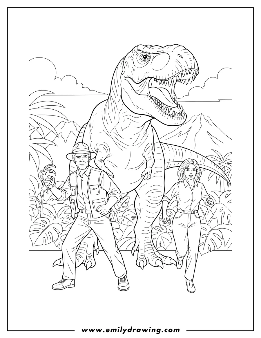 Linear illustration of jurassic Park Poster With Characters To Color, featuring Dr. Grant, Dr. Sattler, and a large T-Rex