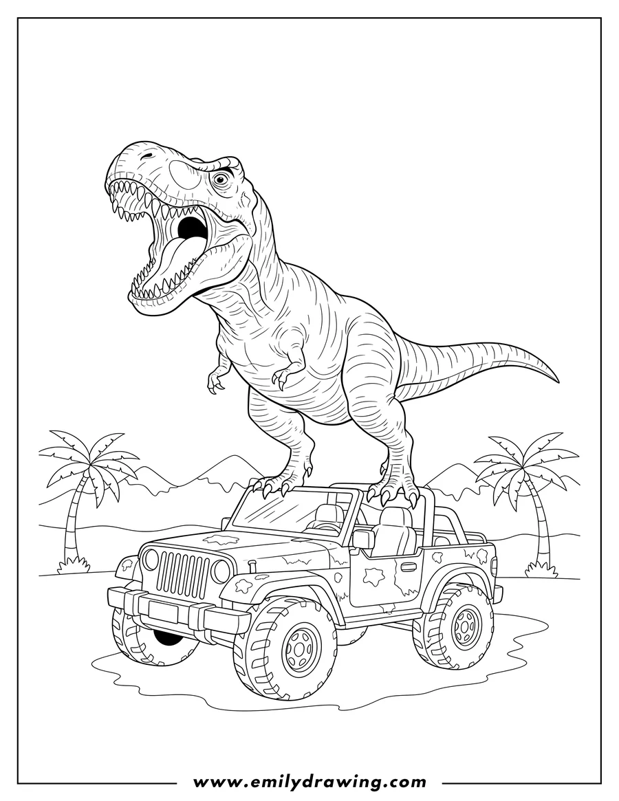 Printable coloring page of A fierce Jurassic Park T Rex with its mouth open, standing on an open-top jeep