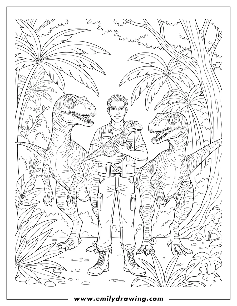 Free printable coloring sheet of jurassic Park Velociraptors Scaled: A man with a young raptor, and two large raptors