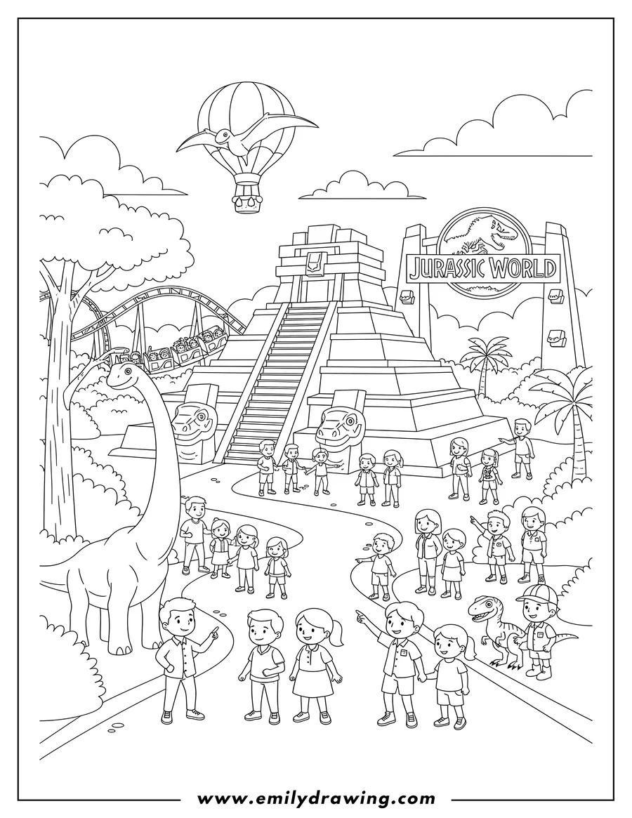 Printable line art of jurassic World Theme Park with a stepped pyramid and many visitors