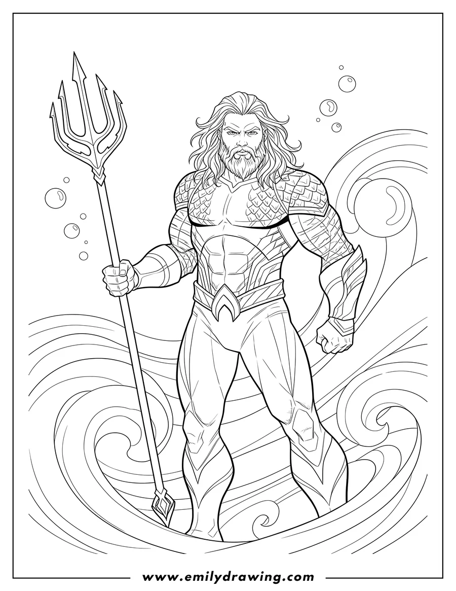 PDF style coloring page: justice League Aquaman Arthur Curry in armor holding a trident