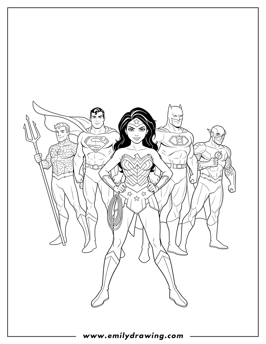 Downloadable coloring page of justice League Cartoon Superheroes grouped together with Wonder Woman in front