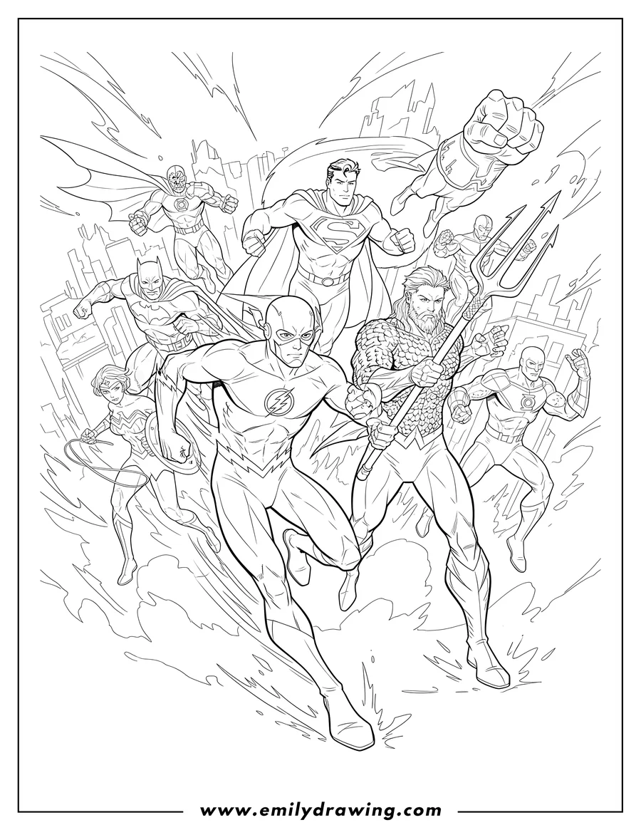 Printable line art of justice League Fighting Mode, with Flash running and Aquaman's trident