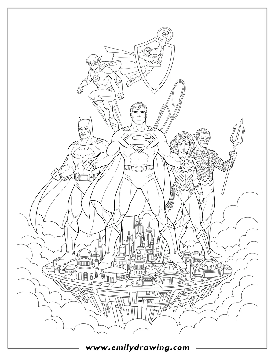 Free to print drawing of justice League Flying City, Superman and heroes posing