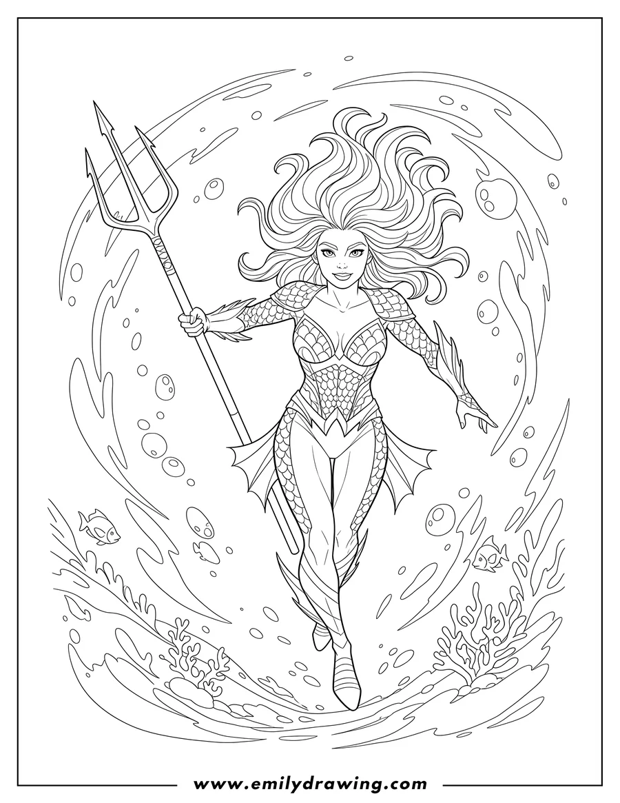 Coloring page of justice League Mera swimming, holding a trident, surrounded by water