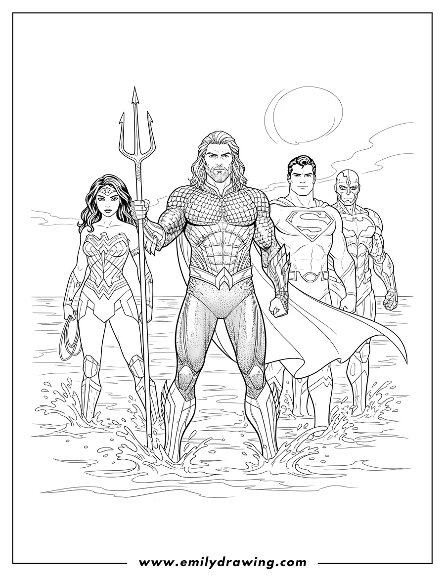 Free printable coloring sheet of justice League Aquaman Superman Batman Wonder Woman And Cyborg standing in water, Aquaman holding his trident