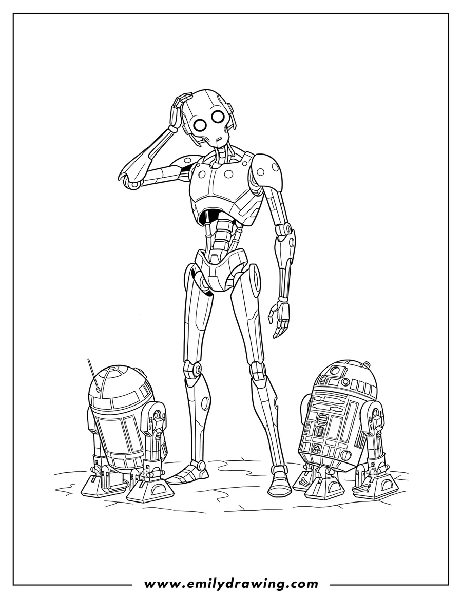 Printable line art of K2So scratching his head, meeting R2 D2 and R4 P17 on the ground